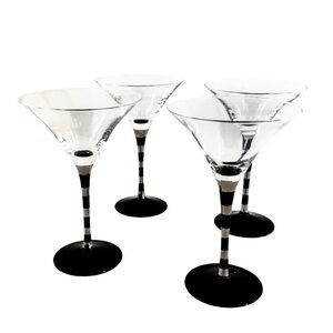 Black Silver Stem Art Deco Martini Glasses Vintage Tall Stemware Drinkware Set 4